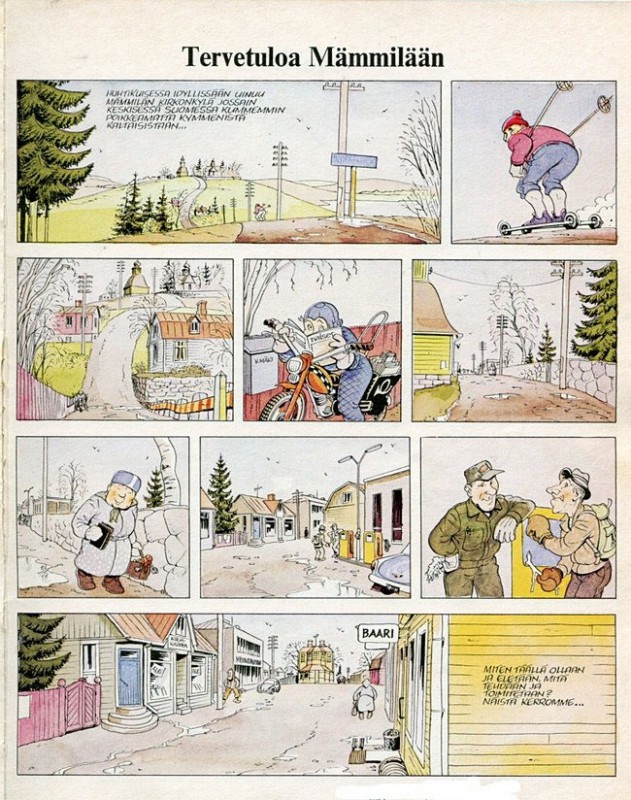 Mämmilä-sarjakuvan aloitussivu, josta löytyy pari Oriveteläistä maamerkkiä.